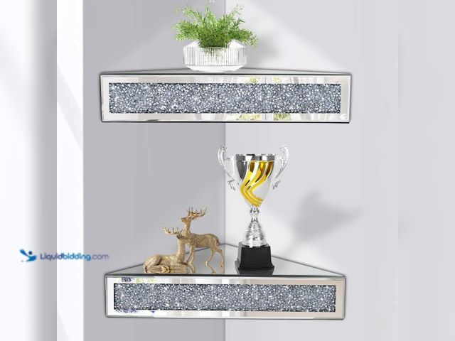 Lot 49-5437317 - Mirrored Floating Conner Shelf, Silver Mirror Crushed Diamond Decorative Wall Shelf for Home Decorat...