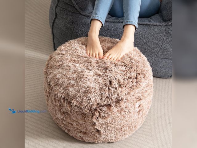 Lot 49-5405740 - HIGOGOGO Round Stuffed Pouf Ottoman, Long Faux Fur Poufs with Foam Chunk Filling, Fluffy and Furry P...