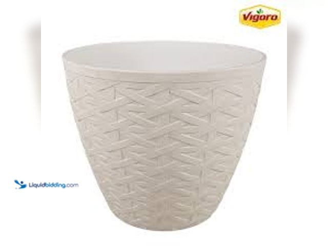 Lot 49-5488479 - QTY 2 - Vigoro Kingfield Medium Beige Resin Woven Texture Round Planter (13 in. L x 13 in. W x 10.75...