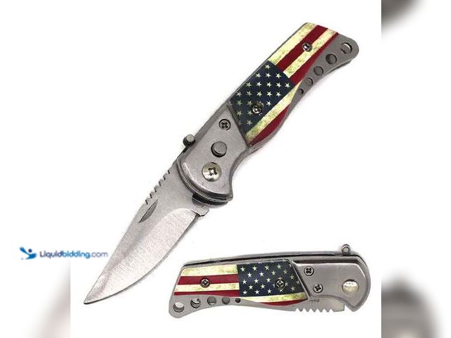 Lot 49-5393652 - Mini Push Button Automatic Switchblade Pocket Knife with 5.75" American Flag - NEW - All of the reli...