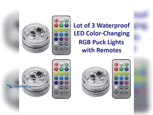 Lot 49-5434351 - Lot of 3 Waterproof Battery-Operated LED Color-Changing RGB Puck Lights 1.8" with 3 Remote Controls ...