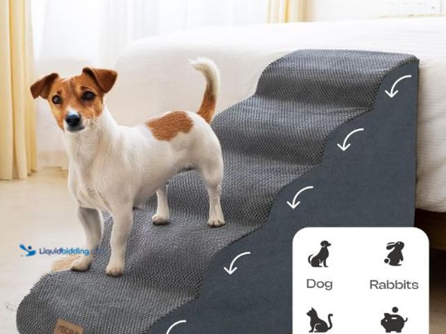 Lot 49-3432136 - Dog Stairs for High Beds Up to 26", Extra-Tall 24.5" 5-Step Foam Pet Ramp with Washable Cover, Gentl...