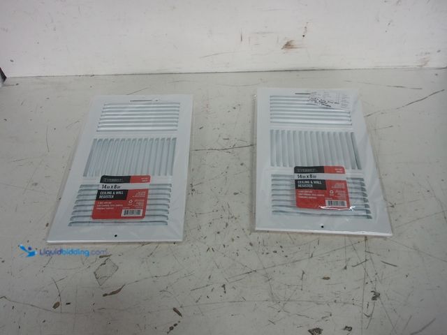 Lot 49-3631575 - Lot of (2) Everbilt 14 in. x 8 in. 3-Way Steel Wall/Ceiling Register in White, Model # E103M14X08, N...