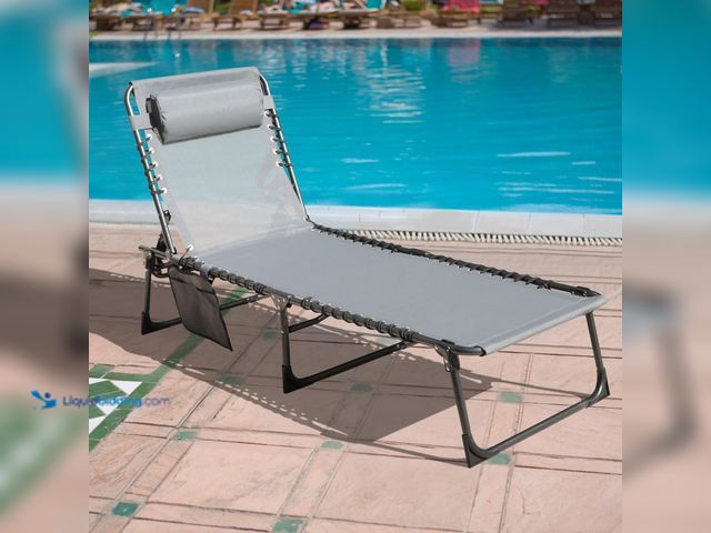 Lot 49-5437987 - VEIKOUS Metal Outdoor Folding Chaise Lounge Chair with Pillow and Pocket in Dark Gray. [Model # PG02...