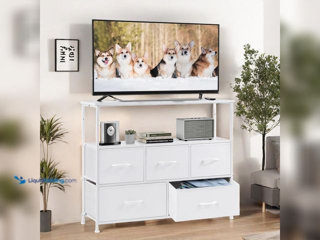 Lot 49-5459491 - TV Stand for 45 in Television, Modern Entertainment Center with Fabric Storage, Tower Storage. Model...