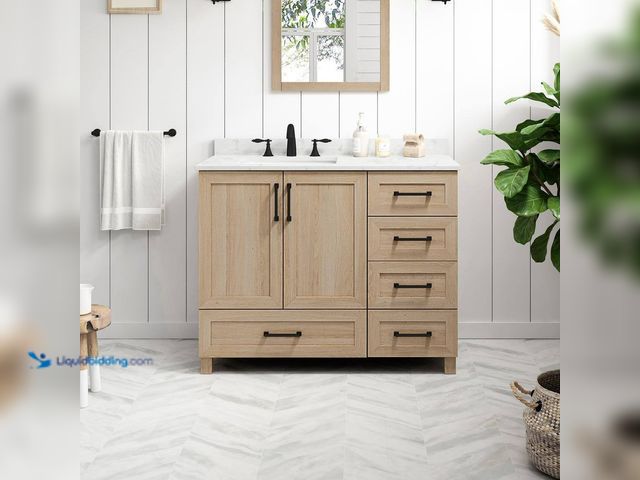 Lot 49-5420900 - Glacier Bay Tobana 42 in. Single Sink Weathered Tan Bath Vanity with White Engineered Marble Top (As...