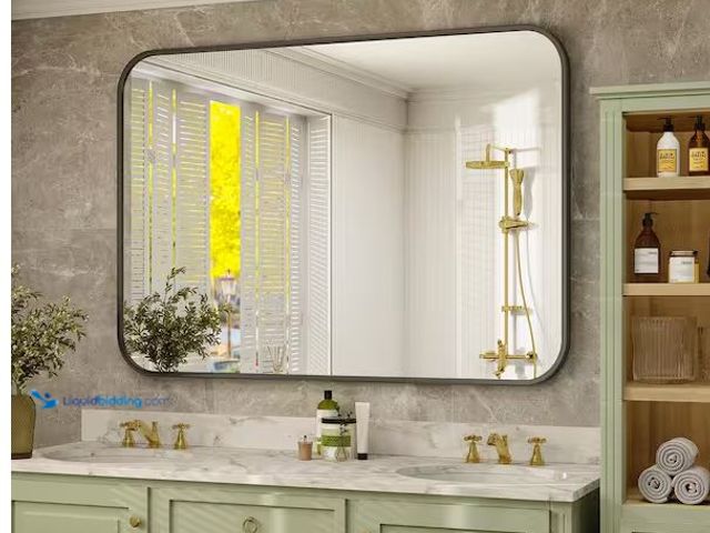 Lot 49-1579134 - XRAMFY 26 in. W x 38 in. H Rectangular Aluminum Alloy Framed Rounded Black Wall Mirror Model # BRTRC...