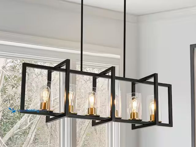 Lot 49-3560629 - EDISLIVE 6-Light Modern Kitchen Island Light Black and Gold Industrial Linear Chandelier with Clear ...