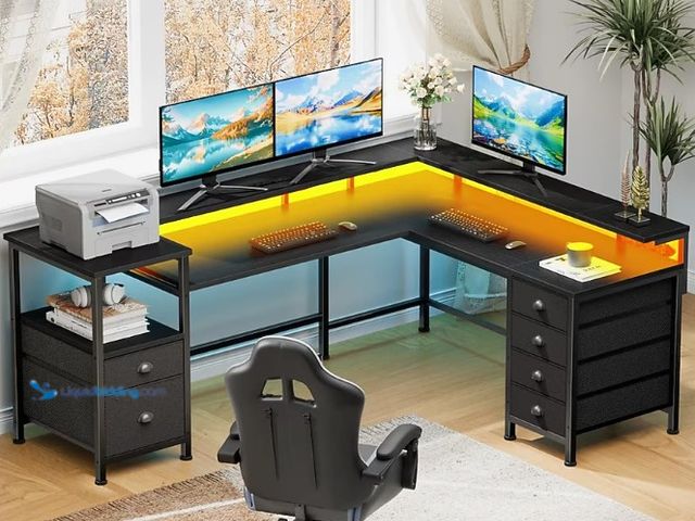 Lot 49-5543251 - Furologee 66 Inch L Shaped Gaming Desk with Charging Station Reversible Corner Computer Desk LED Lig...