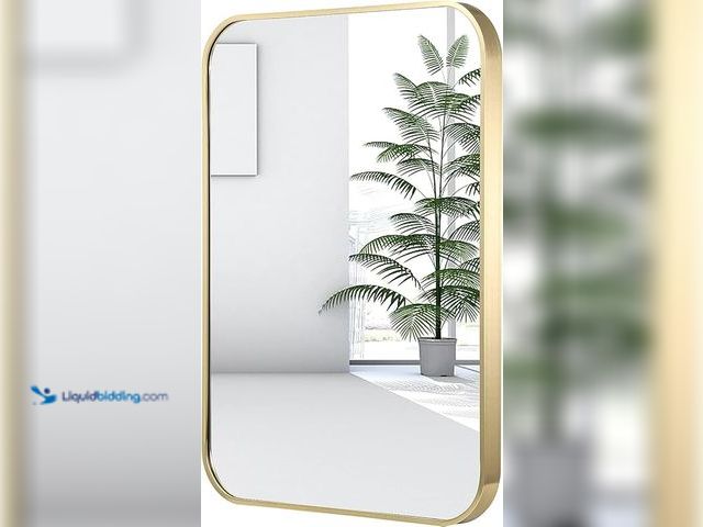 Lot 49-1518322 - 16x24 Inch Gold Bathroom Mirror, Brushed Brass Gold Metal Framed Rectangular Mirror with Rounded Cor...