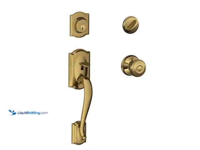 Lot 49-3433339 - Schlage Camelot Antique Brass Single Cylinder Door Handle set with Georgian Knob, Model # F60 G CAM ...