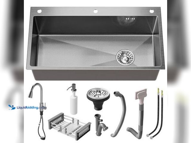 Lot 49-5541551 - QATSPACE DESIGNS INC 32 in. Drop-in/Undermount Single Bowl 16-Gauge Silver Stainless Steel Kitchen S...