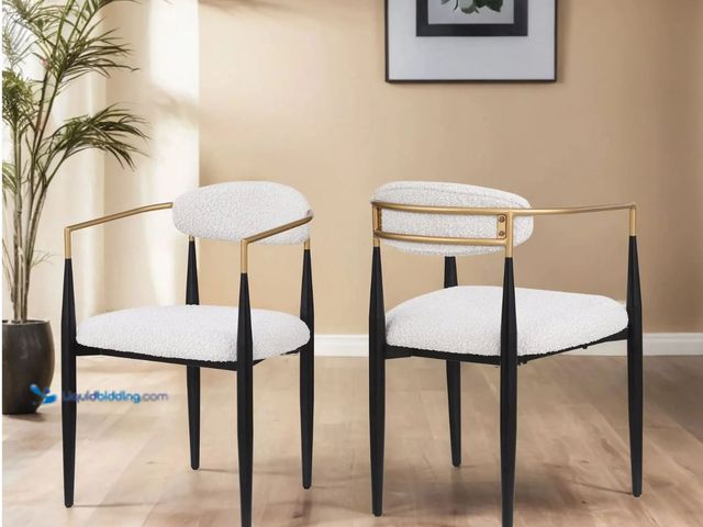 Lot 49-1632013 - (Set of 2) English Elm Upholstered Dining Arm Chairs with Gold Accent Iron Frame, Model: N771P392272...