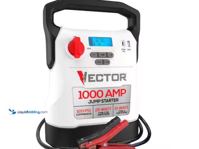 Lot 49-1575606 - VECTOR 1000 Amp Jump Starter, Compressor, USB Power, Model # VECJ1C, Slightly used, Powers on, Has c...