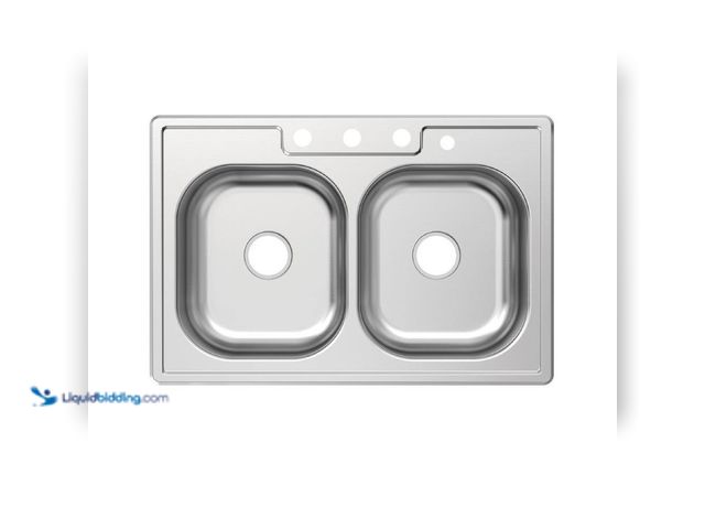 Lot 49-5433545 - Glacier Bay
33 in. Drop-In 50/50 Double Bowl 20 Gauge Stainless Steel Kitchen Sink. Item is Unused,...
