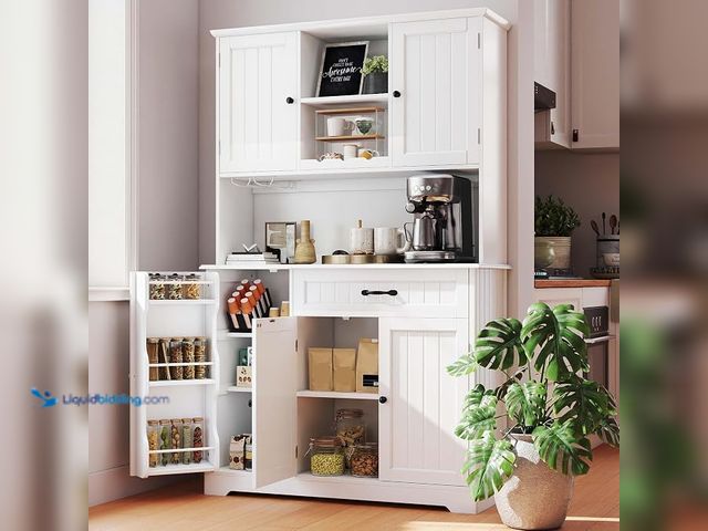 Lot 49-1630666 - 67" Tall Kitchen Pantry Storage Cabinet with Door and Shelves, Painted White Model #B0DK3LLKNH, New,...