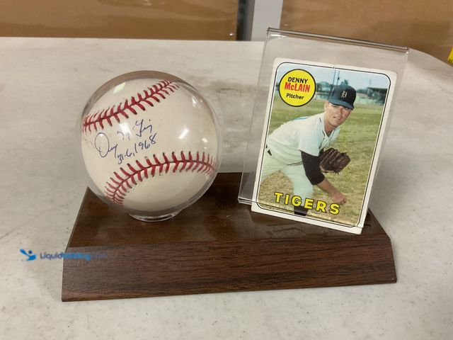 Lot 49-1505629 - COLLECTIBLE VERY NICE WOOD BASE BALL AND CARD HOLDER DISPLAY WITH A AUTOGRAPHED DENNY MCLAIN BASEBAL...