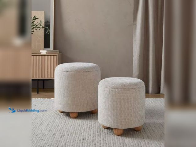 Lot 49-1515752 - Lumisource Bacci Natural Wood and Beige Fabric Ottoman Set, Model # OT2-BCCIFB NABG, Unused.  Ref#AH...