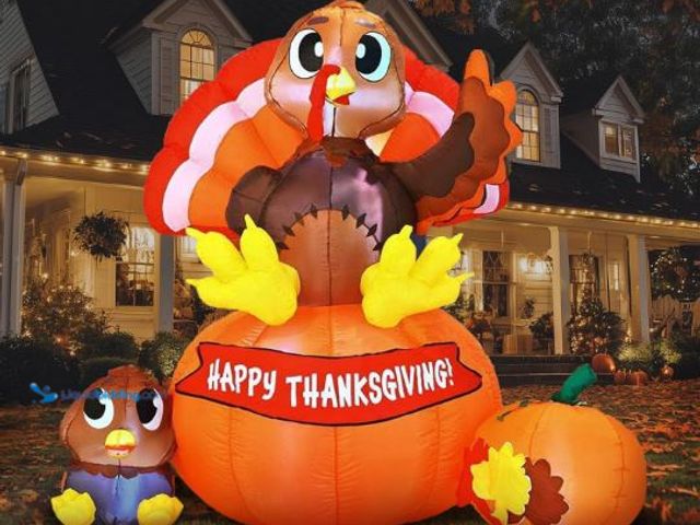 Lot 49-1535420 - Joiedomi 6 ft Thanksgiving Inflatable Turkey on Pumpkin Decoration, LED Light Up Blow Up Turkey for ...