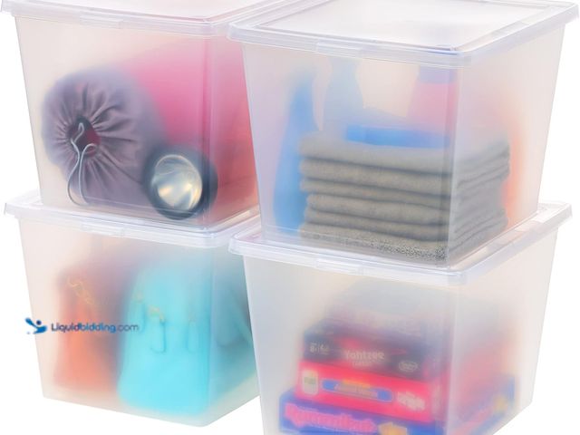 Lot 49-5408614 - IRIS USA 4-Pack Storage Bins with Lids, 36 Quart, Clear Stackable Containers Box Organize Shoes Clos...