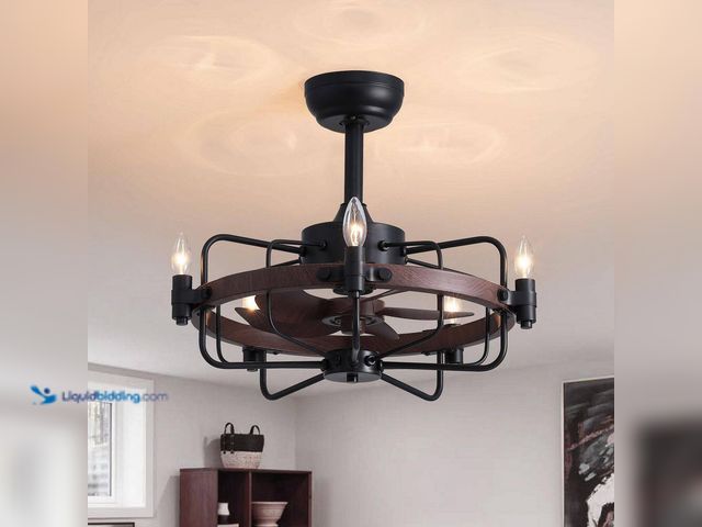Lot 49-1637975 - 21 in. Indoor Black Industrial Caged Wood Farmhouse Ceiling Fan with Lights and Remote, Downrod Moun...