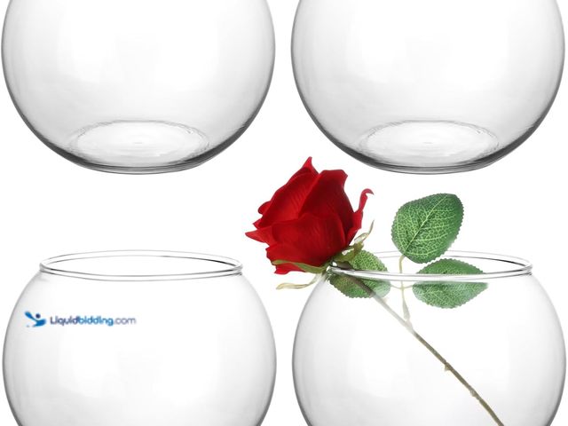 Lot 49-5463509 - Set of 4 Clear Glass Vases, 6” W x 4.4” H, Round Candle Holders, Bubble Bowl, Flower Vases with Spon...