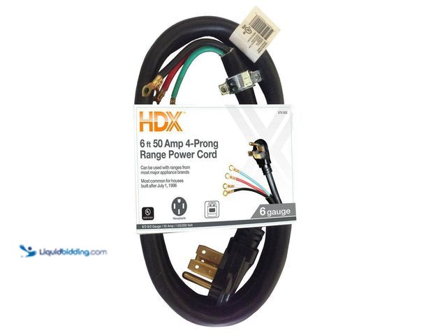 Lot 49-3564528 - HDX
6 ft. 6/4 50 Amp 4-Prong Range Power Cord, Black. Model # HD#575-052. Unused