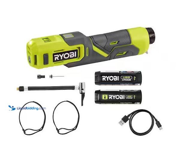 Lot 49-5551380 - RYOBI
USB Lithium High Pressure Inflator Kit with 2.0Ah USB Lithium Battery, Unused with attachment...