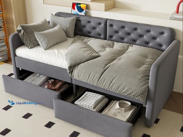 Lot 49-2022980 - Velvet Upholstered Daybed with Storage Drawers and USB Charging, Model # W1670P410536, MSRP $315.49,...