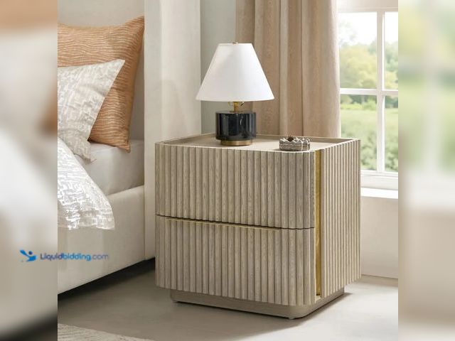 Lot 49-5552754 - Stria Reeded White Oak 2-Drawer Nightstand (26"). SKU: FGO16570-OAK. Unused. Damage to packaging.
