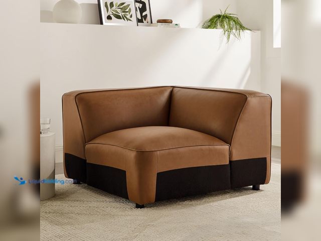 Lot 49-1602172 - Modway Auren Vegan Leather Corner Modular Chair in Coffee - Mid Century Modern Faux Leather Corner S...
