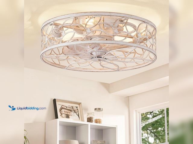 Lot 49-5410685 - LEDIARY Caged Ceiling Fans with Lights, White Flush Mount Ceiling Fan with Remote, Small Low Profile...