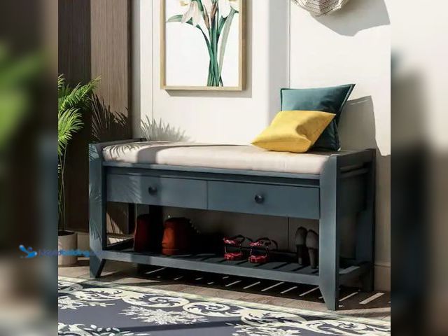 Lot 49-2001121 - Harper & Bright Designs Entryway Blue Storage Bench with Cushioned Seat, Drawers and Shoe Rack 19.8 ...