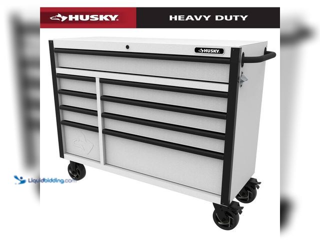 Lot 49-1567248 - Husky Heavy-Duty 52 in. 9-Drawer Matte White Rolling Tool Cabinet. Model # H52TR9HDV4WHT. Unused. Ha...