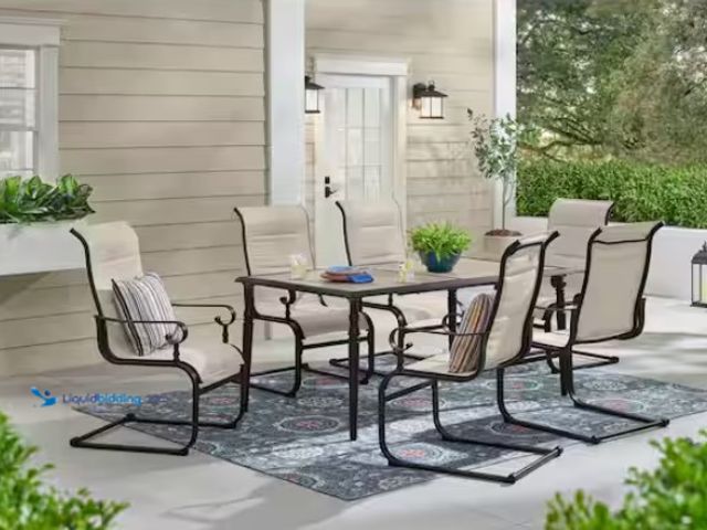 Lot 49-1550293 - Hampton Bay Glenridge Falls 7-Piece Metal Padded Sling Rectangular Outdoor Dining Set in Putty Beige...