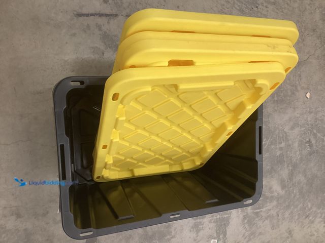 Lot 49-5486983 - HDX
27 Gal. Tough Storage Tote in Black and Yellow Internet # 341048305 Item is unused in a PK of 4