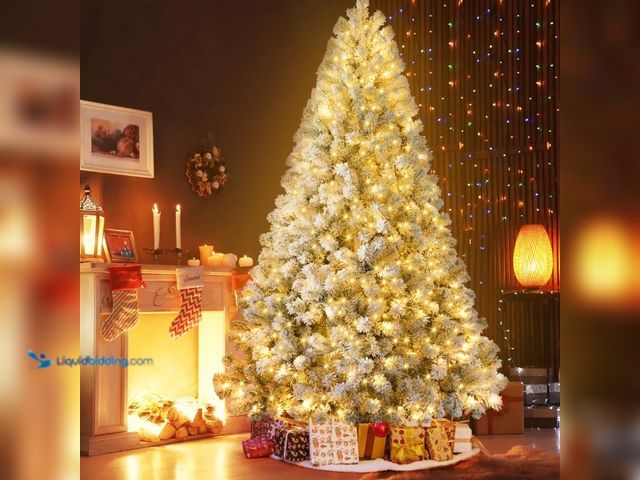Lot 49-1546952 - IZNEN 9ft Pre-Lit Snowflake Flocked Christmas Tree,8 Modes LED Lights, Artificial Xmas Tree with Sto...