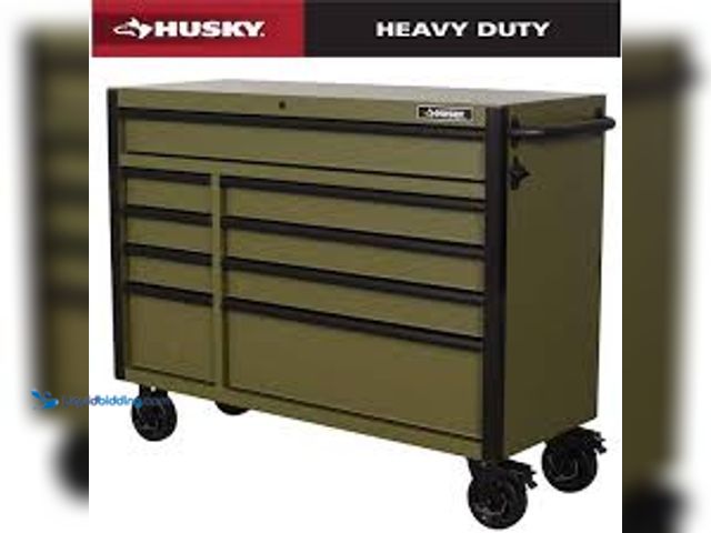 Lot 49-5461267 - Husky Heavy Duty 52 in. W 9-Drawer Matte Army Green Rolling Tool Cabinet. Model # H52TR9HDV4ARMY. Un...