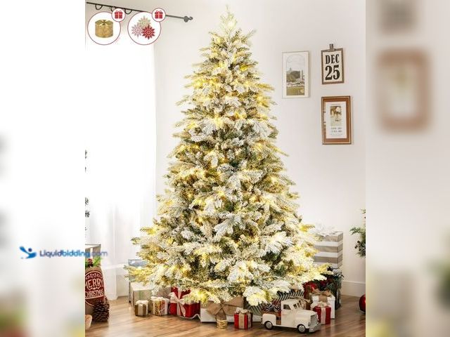 Lot 49-1541787 - Vrilay 6' LED Pre-Lit Frosted Snow Flocked Christmas Tree with Base, Model # 08193388358626, Unused,...