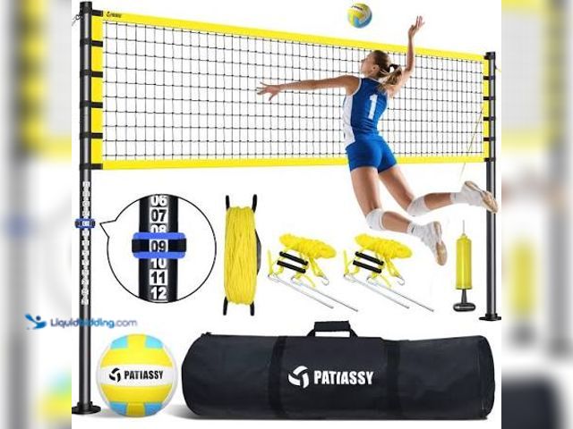 Lot 49-3566949 - Patiassy 32ft Outdoor Portable Volleyball Net Set System - Adjustable Height Steel Poles, PU Volleyb...