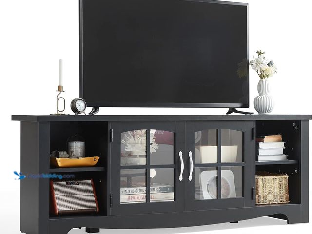 Lot 49-3534612 - LINSY HOME Farmhouse TV Stand for 65 Inch TV, Wood Entertainment Center with Glass Door Storage Cabi...