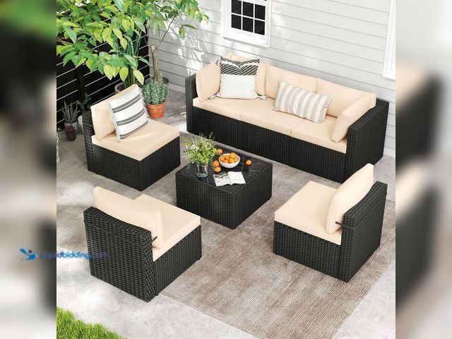 Lot 49-2000661 - Black 7-Piece Wicker Outdoor Sectional Set with Coffee Table and Beige Cushions, Model # TB-7JT-B-WH...
