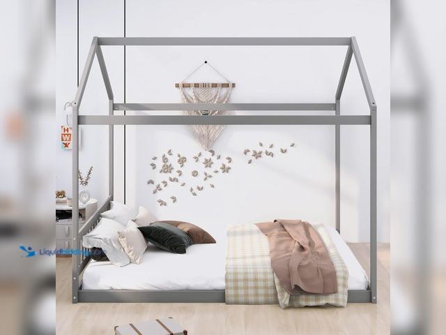Lot 49-5485516 - Flieks Queen Size Wooden House Bed Frame for Boys Girls Kids Adults Toddler with Headboard,Gray. Mod...