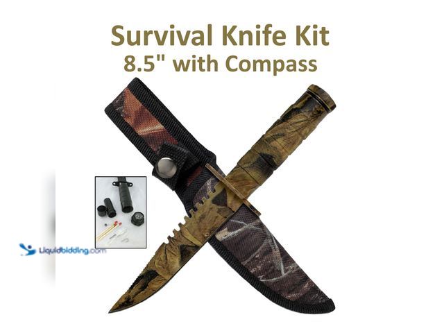 Lot 49-1820480 - Fixed Blade Knife with Emergency Survival Kit and Compass 8.5" Camouflage - NEW - This fixed blade s...