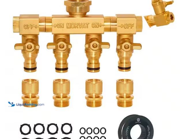 Lot 49-1568456 - Morvat Heavy-Duty Brass Garden 4-Way Hose Splitter with Quick Connect Attachments, ON/OFF Valves, an...