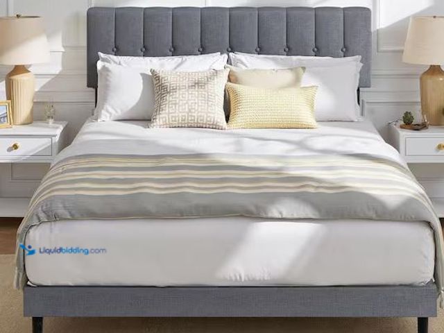 Lot 49-3539061 - WONDER COMFORT
Grey Wood Frame King Platform Bed with Linen Upholstered Adjustable Headboard and 6....