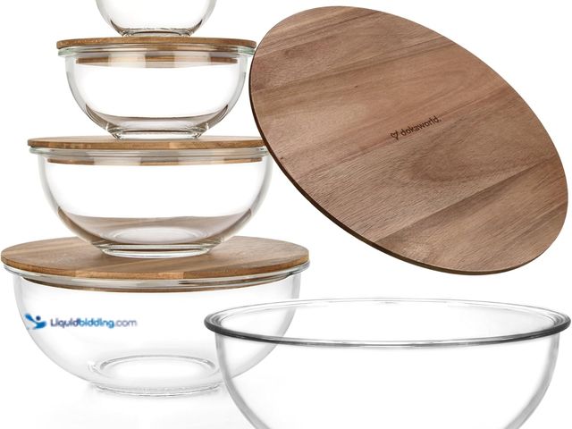 Lot 49-5488333 - Set of 5 Nesting Glass Bowls with New Updated Acacia Lids for Foodprep, Storage, Mixing & Cooking - ...