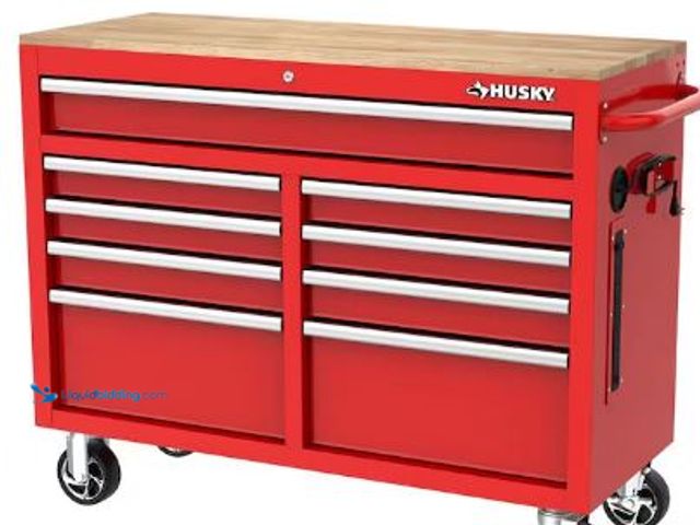 Lot 49-1524033 - Husky
Tool Storage 46 in. W x 18 in. D 9-Drawer Gloss Red Mobile Workbench Cabinet, Model # H46X18M...