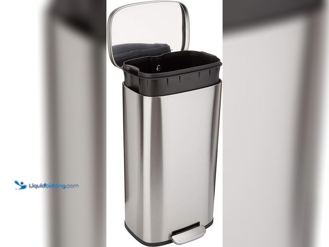 Lot 49-5414271 - Amazon Basics Smudge Resistant Rectangular Trash Can With Soft-Close Foot Pedal, Brushed Stainless S...