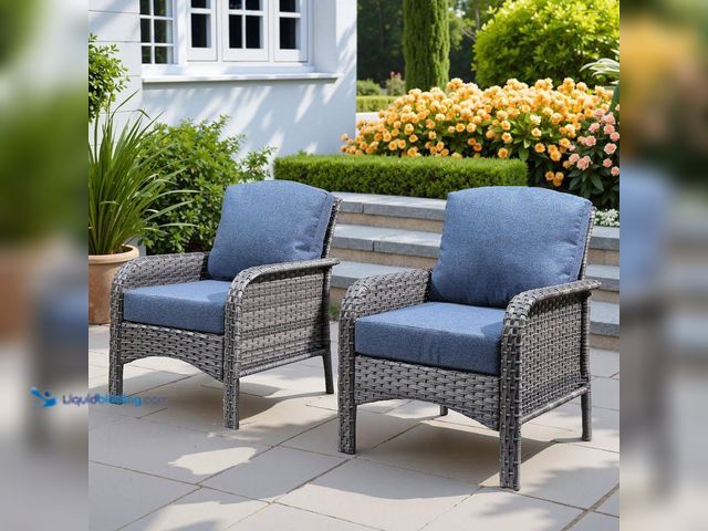 Lot 49-5412865 - Venice Gray 2-Piece Wicker Modern Outdoor Patio Conversation Chair Seating Set with Denim Blue Cushi...